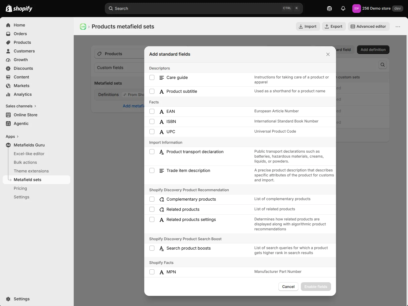 The Add standard fields modal in Metafields Guru, listing Shopify's built-in definitions such as Care guide, EAN, ISBN, UPC, and Related products, grouped by category with checkboxes