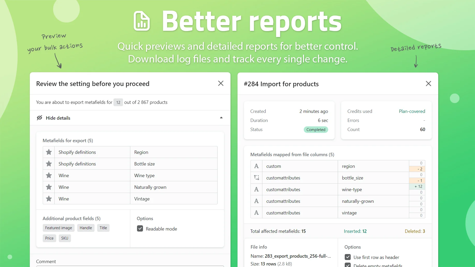 Metafields Guru better reports banner showing an export preview dialog and a completed bulk import report with mapped metafield columns and change counts