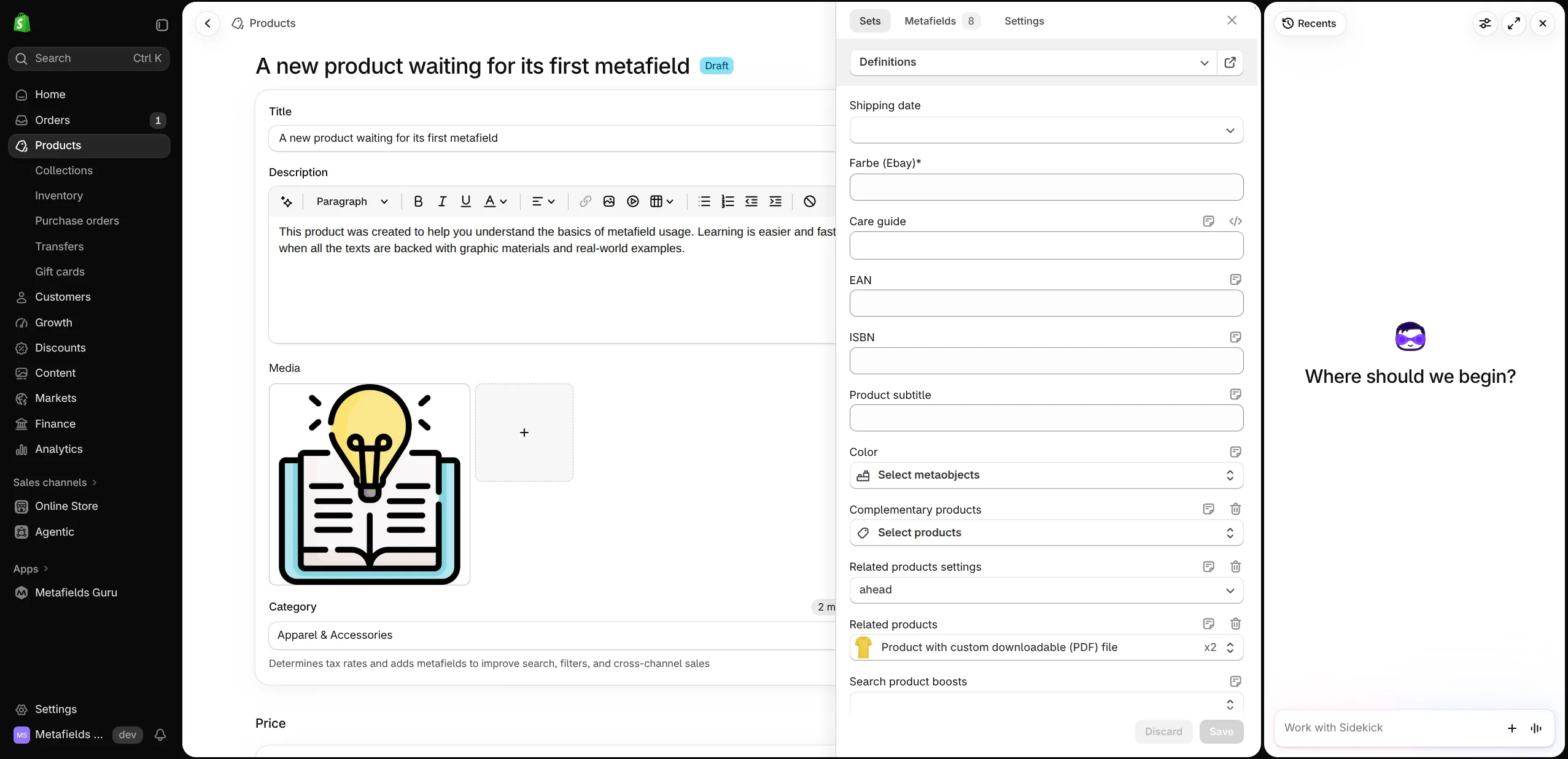 The Metafields Guru browser extension panel open on a product page in Shopify's new admin, next to the Sidekick side panel