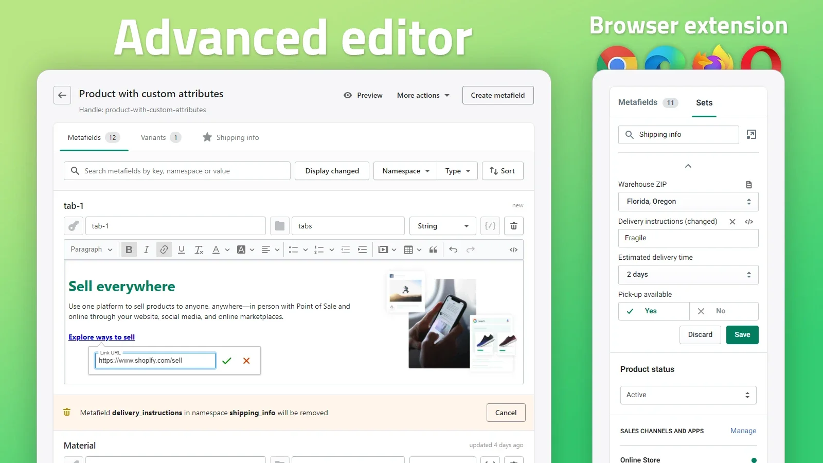 Metafields Guru browser extension update: advanced editor with a WYSIWYG toolbar and metafield sets tab, and browser extension icons for Chrome, Edge, Firefox, and Opera