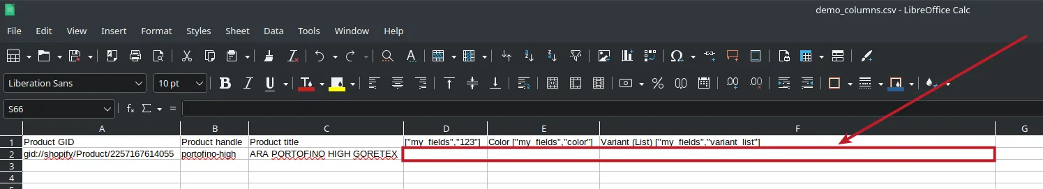CSV in the "columns" format - one resource per row, one column per metafield