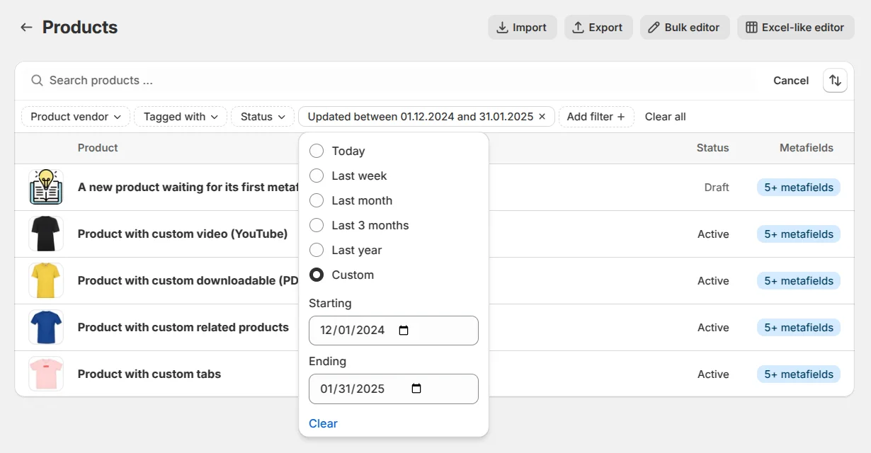 Products list in Shopify admin with a custom date range filter set to "Updated between 01.12.2024 and 31.01.2025", showing the from-to date picker