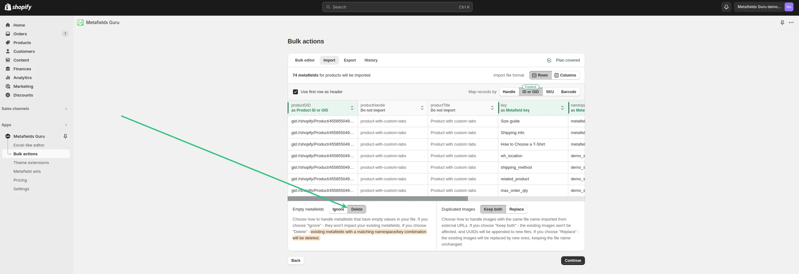 Metafields Guru import options with the "empty metafields" setting offering Ignore and Delete
