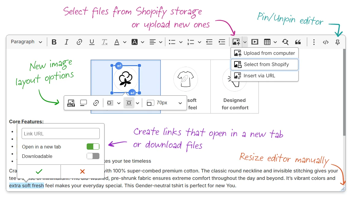 Metafields Guru HTML editor toolbar annotated with new features: select files from Shopify storage or upload new ones, image layout options, pin/unpin editor, and links that open in a new tab or are downloadable