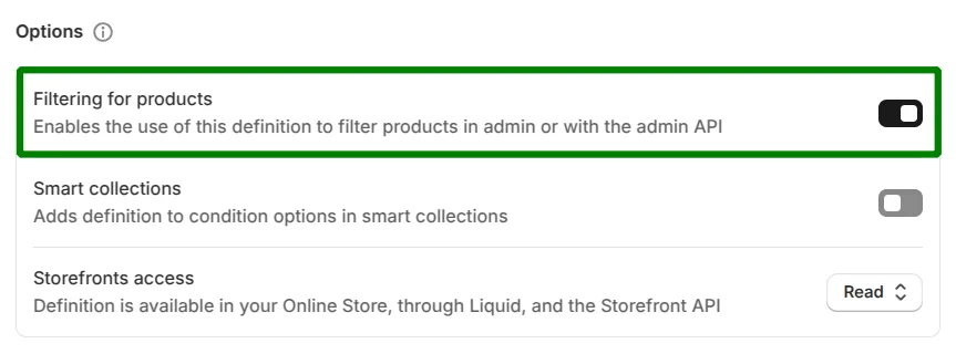 The "Filtering for products" toggle enabled on a metafield definition, with the description "Enables the use of this definition to filter products in admin or with the admin API"