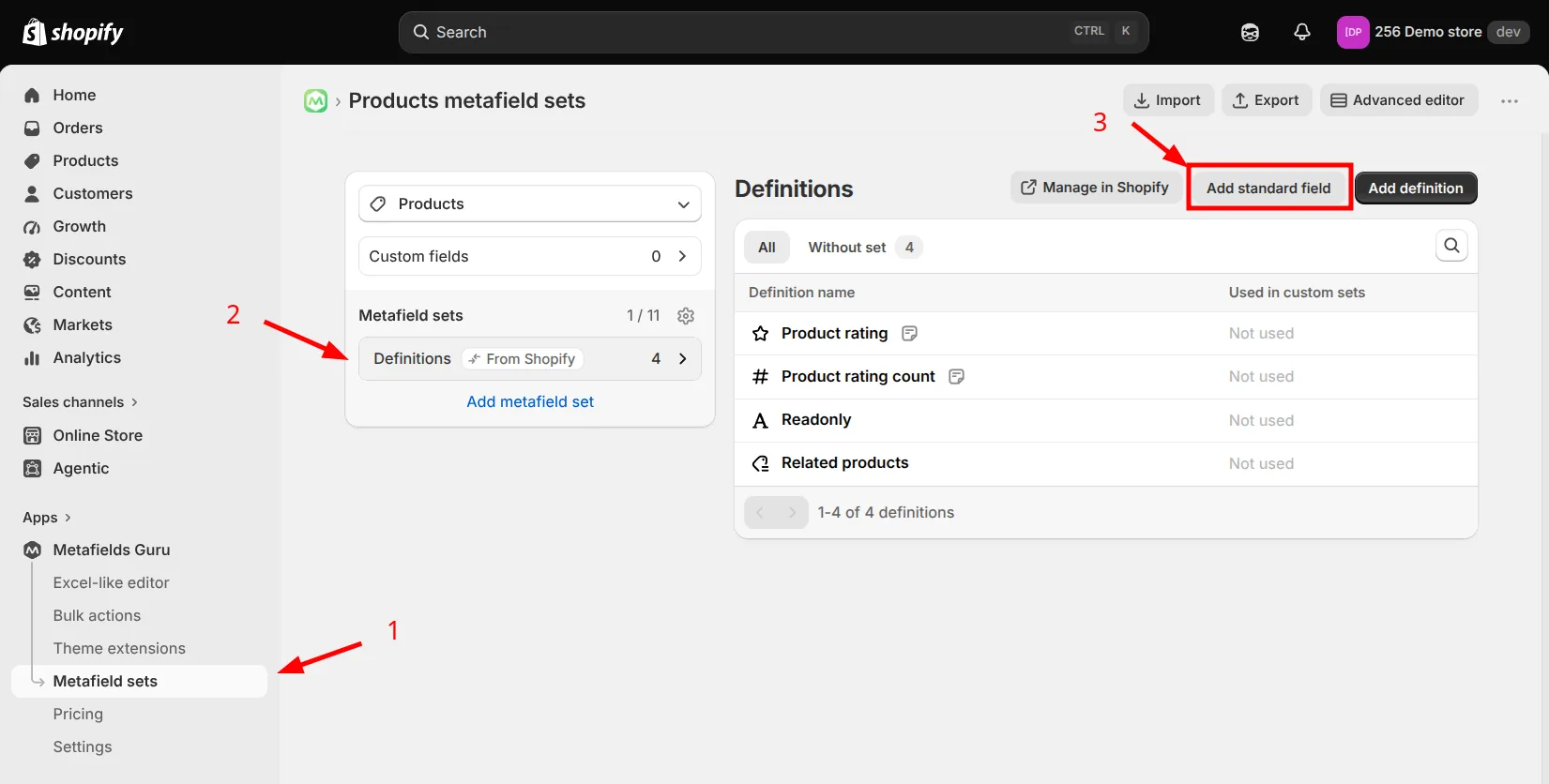 Navigating to Metafield sets, opening the Definitions tab, and clicking Add standard field in Metafields Guru