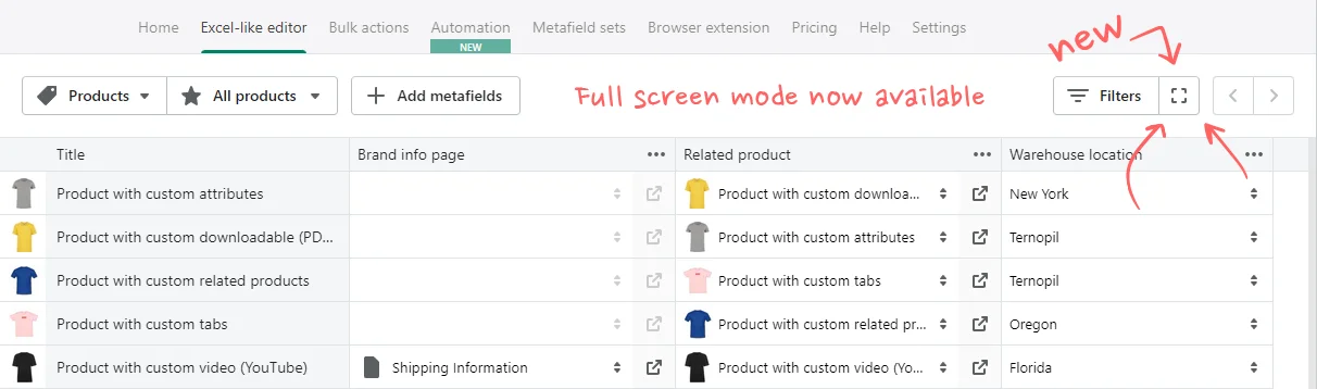 Excel-like editor with the new full screen mode button highlighted next to the Filters button in the toolbar