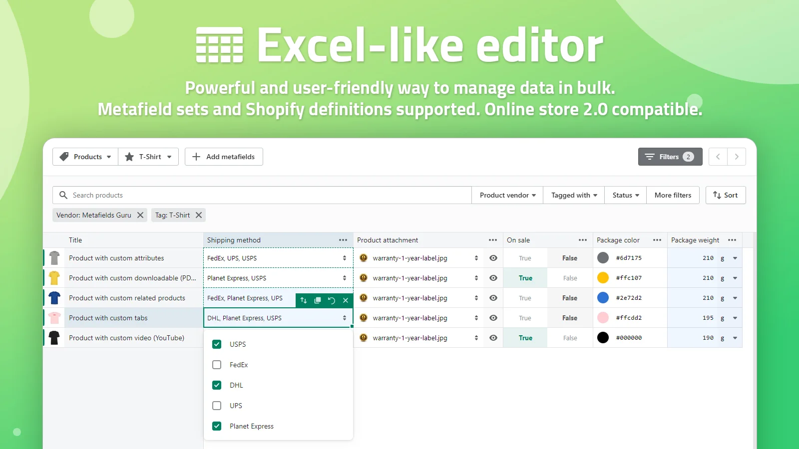 Metafields Guru Excel-like editor promotional banner showing a spreadsheet-style grid for bulk-editing product metafields, with vendor/tag filters and a multi-select shipping method dropdown