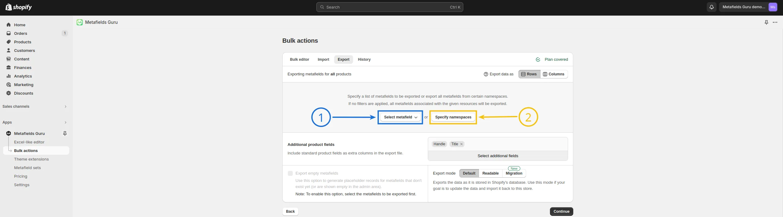 Metafields Guru Export screen with the "rows" format selected and the "Specify namespaces" option highlighted