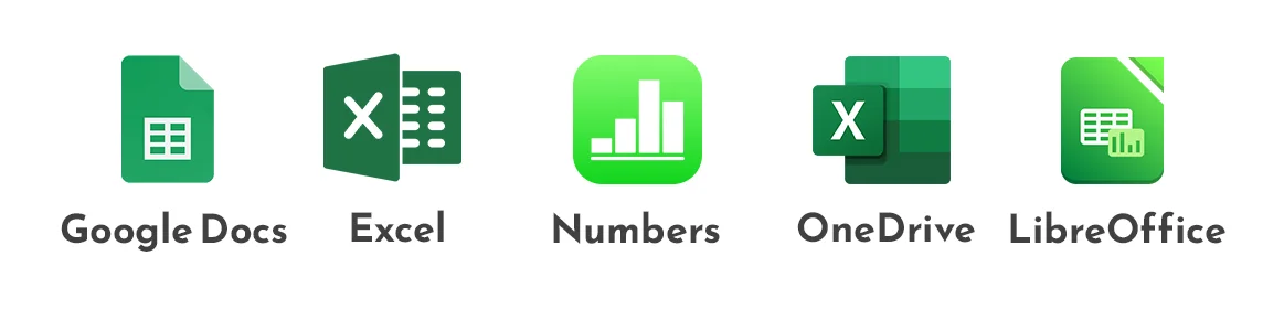 Logos of Google Docs, Excel, Numbers, OneDrive, and LibreOffice, representing the external spreadsheet tools the Excel-like editor can copy data to and from