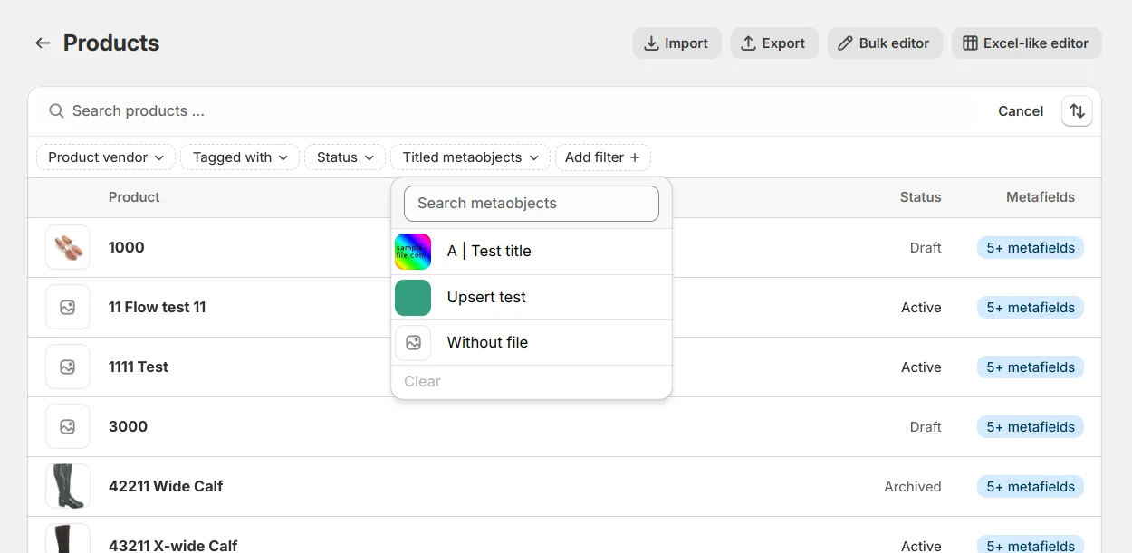 Products list in Shopify admin with a metaobject reference filter open, showing a "Titled metaobjects" search dropdown with matching metaobject results