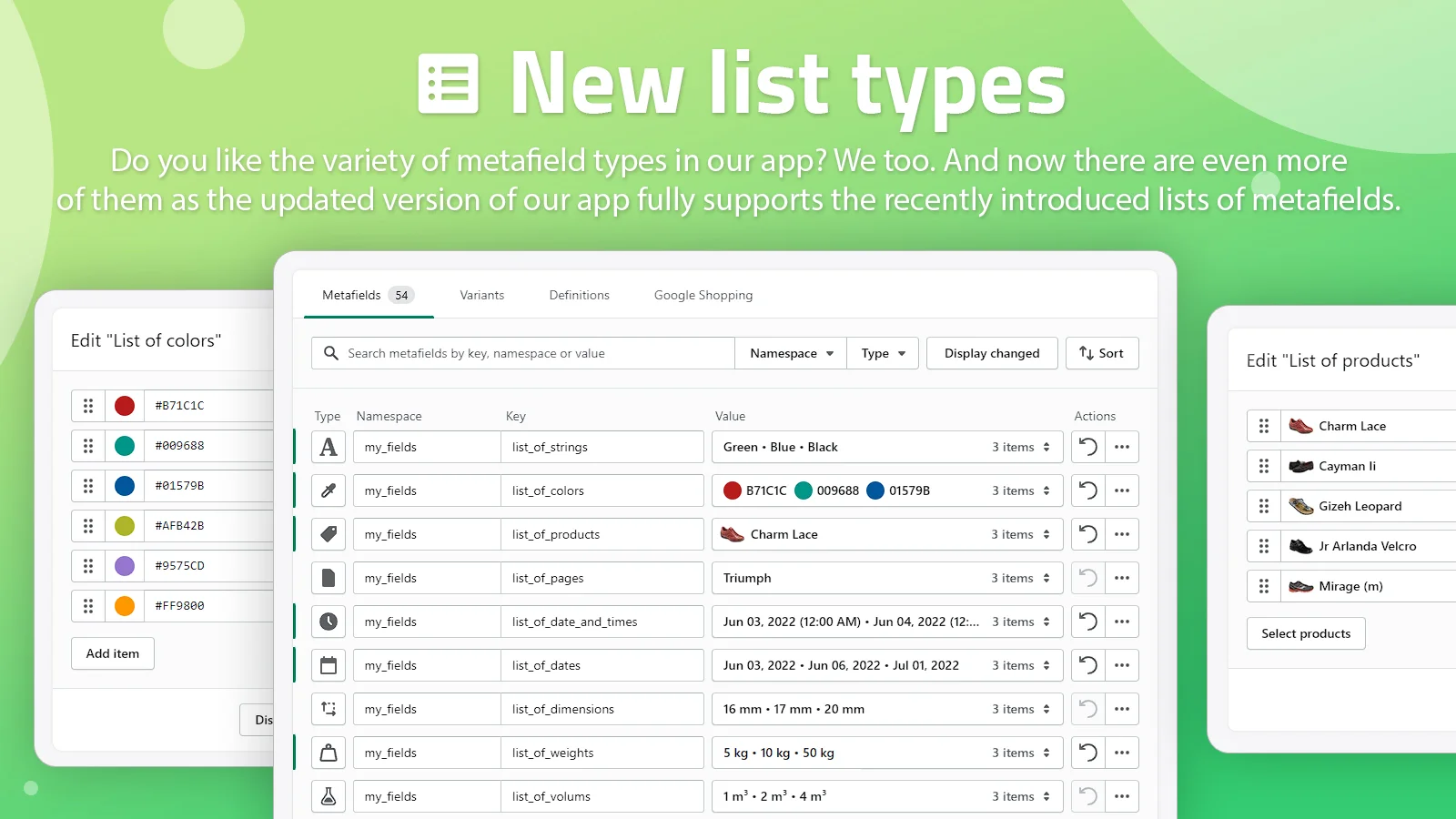New list types in Metafields Guru: editing a "List of colors" and "List of products" alongside a metafields table showing list_of_strings, list_of_colors, list_of_products, list_of_pages, list_of_date_and_times, list_of_dates, list_of_dimensions, list_of_weights, and list_of_volums fields