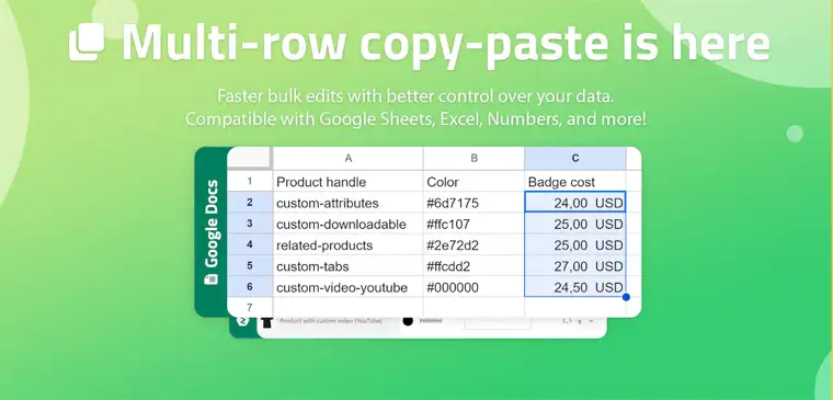 Animated demo of selecting and copying multiple rows at once in the Metafields Guru Excel-like editor, with formatting preserved