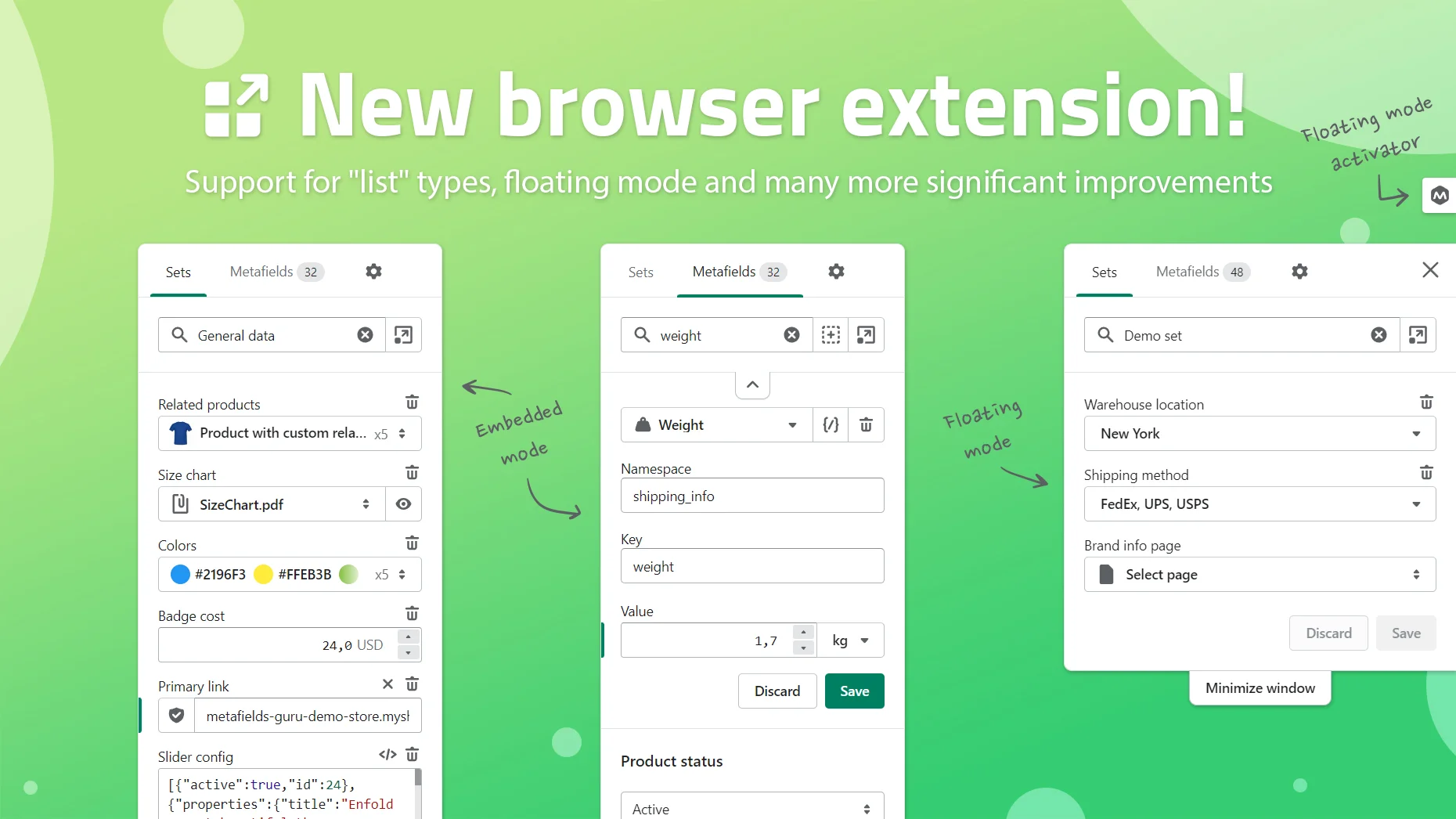 Metafields Guru new browser extension banner showing support for list-type metafields plus embedded and floating editor modes side by side