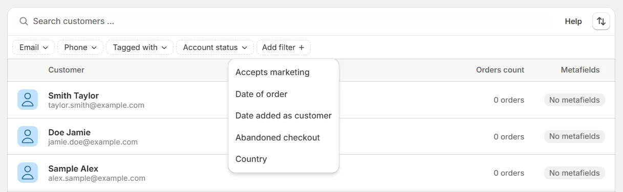 New customer list filters in Metafields Guru showing Email, Phone, Tagged with, and Account status filter options, including a metafield-based Country filter