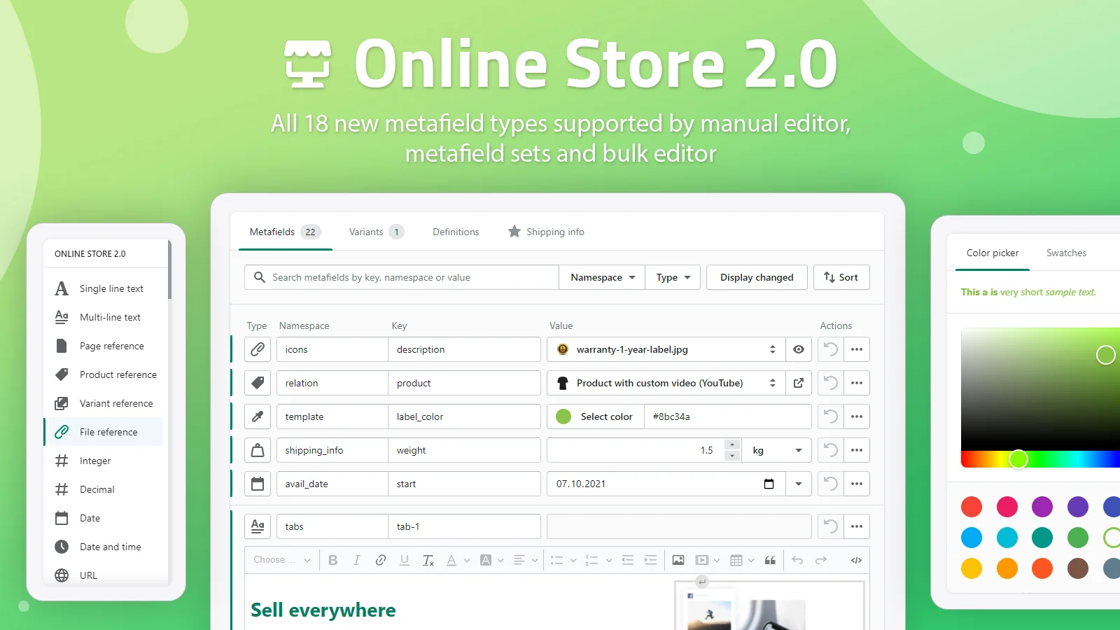 Online Store 2.0 banner: all 18 new metafield types supported by manual editor, metafield sets, and bulk editor, shown alongside the metafields list, color picker, and file reference field types