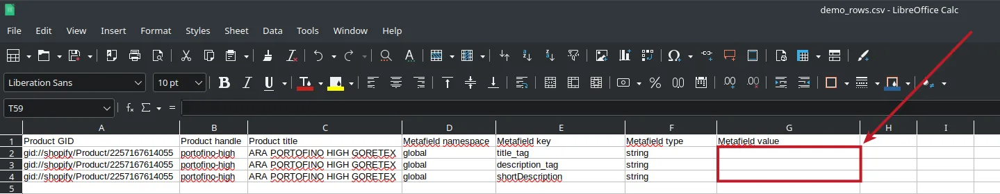 CSV in the "rows" format - one metafield per row - with the metafield value column emptied