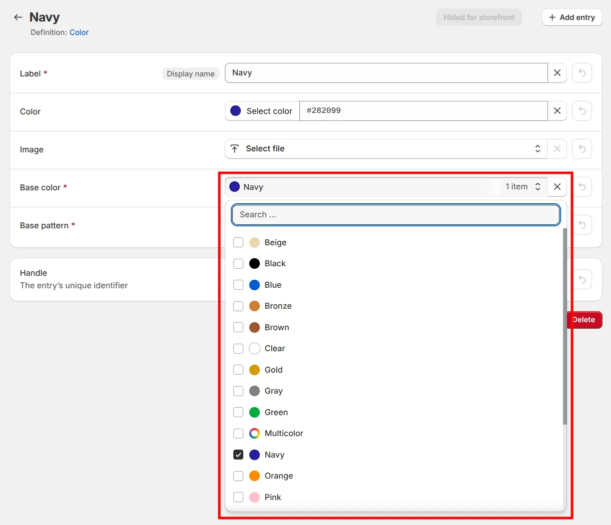 Taxonomy value picker in the metaobject entry editor, showing readable color names with color swatches