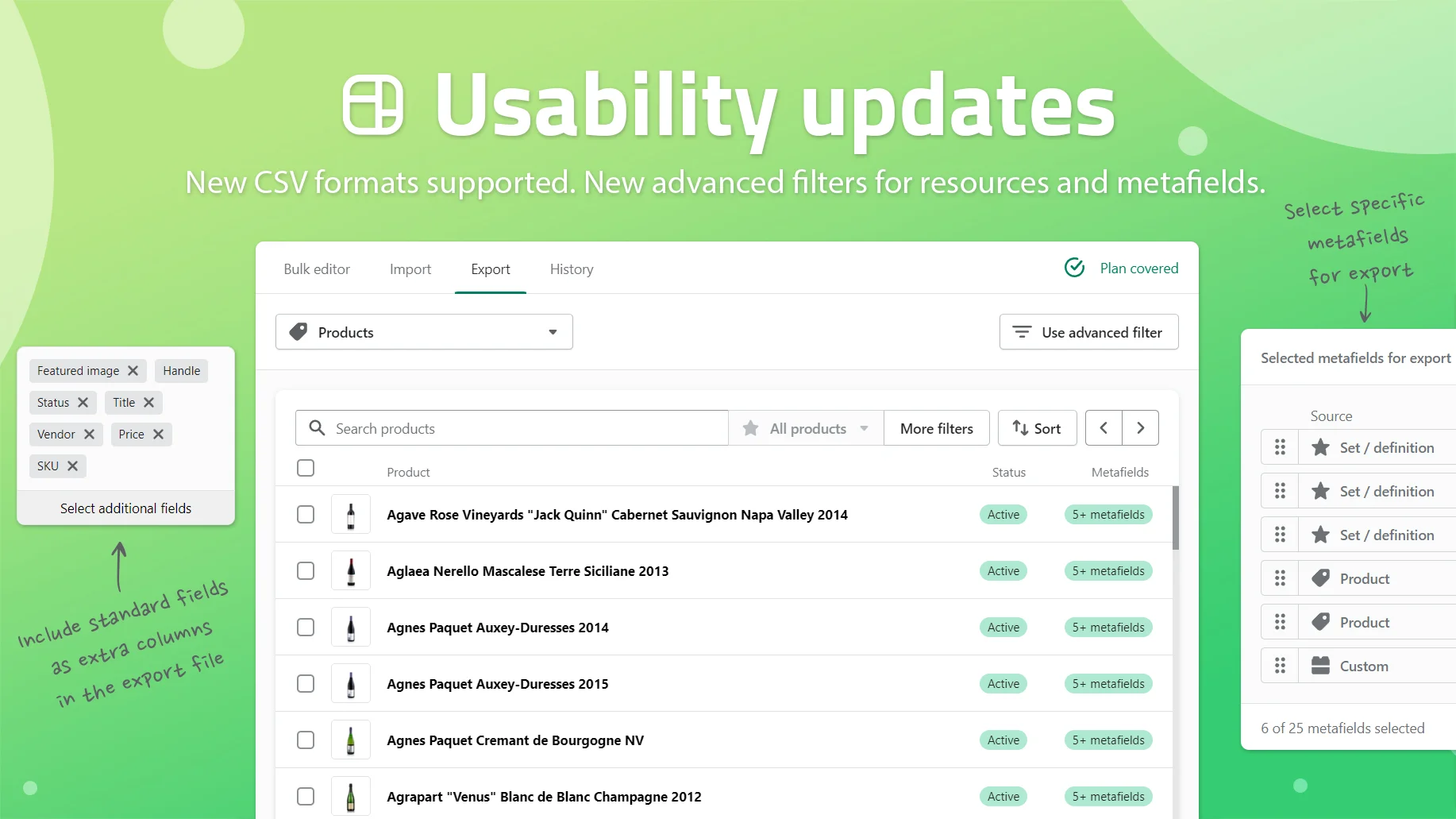 Metafields Guru usability updates banner showing the CSV export screen with an advanced filter option and a metafield selection panel for exports
