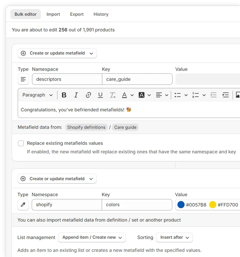 Metafields Guru bulk editor for creating, updating, and deleting Shopify metafields across many products at once