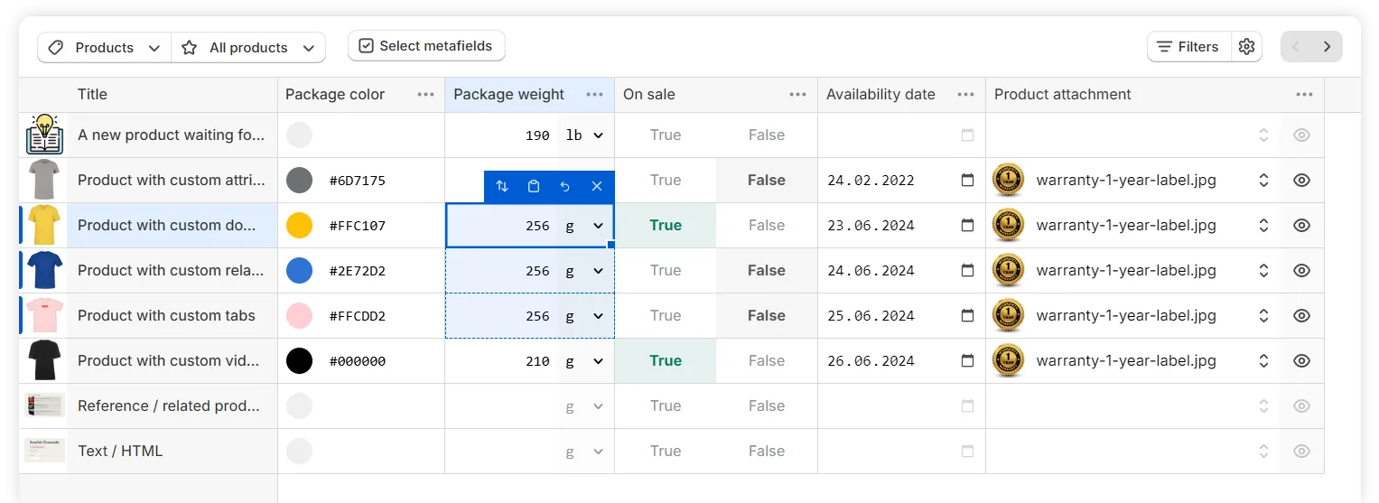 Metafields Guru Excel-like editor showing Shopify metafields in a spreadsheet-style grid